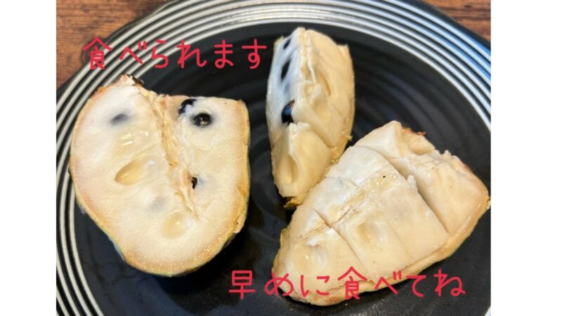 温度が高すぎて追熟が急速に進んで割れたけど食べられるアテモヤ